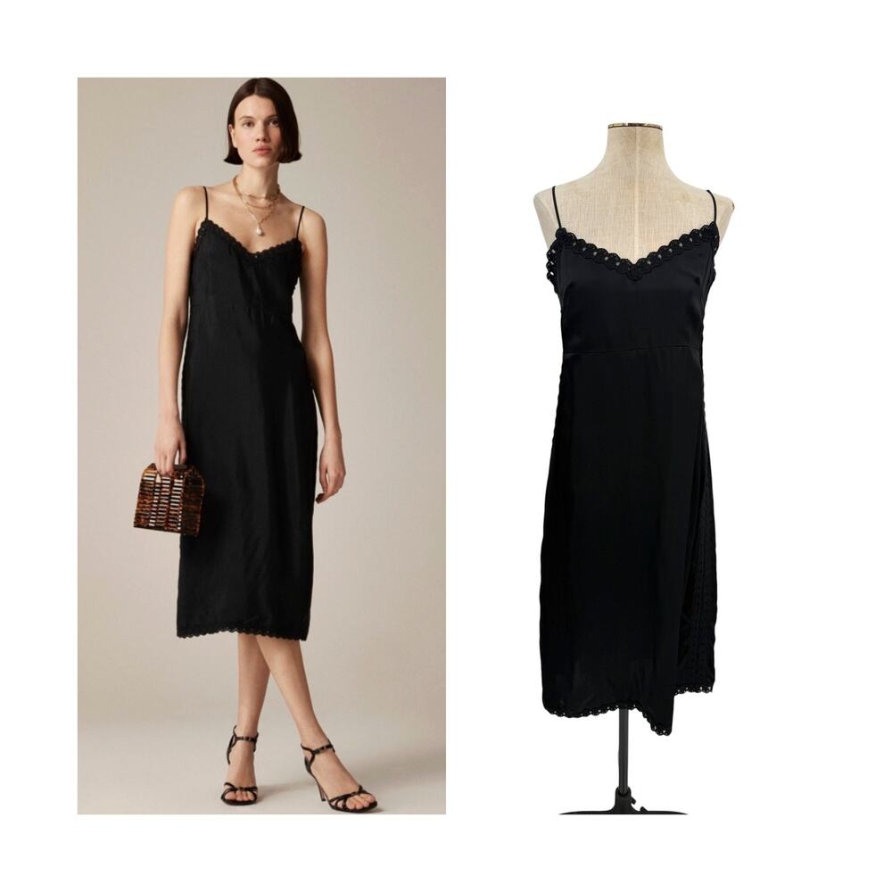 J.Crew Natasha Crochet Trim‎ Slip Dress Black Midi Lace Trim Size 2 NWT
